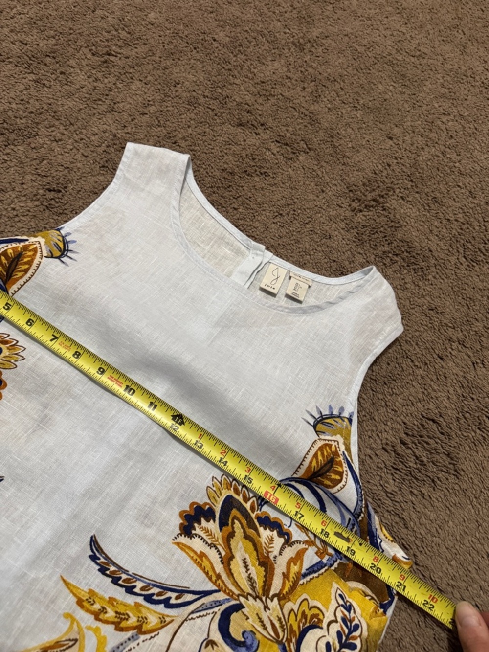 Joie Linen Sleeveless Blouse-Sz L-Blues/White/Brown Scroll-Button Up Back-EUC - Picture 14 of 16